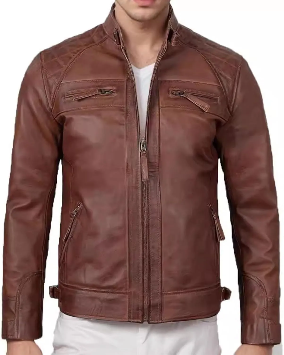 Classic Leather Jacket for Men PU Leather Motorcycle Jackets Fashion Zip Up Bomber Coat Windbreaker with Pockets