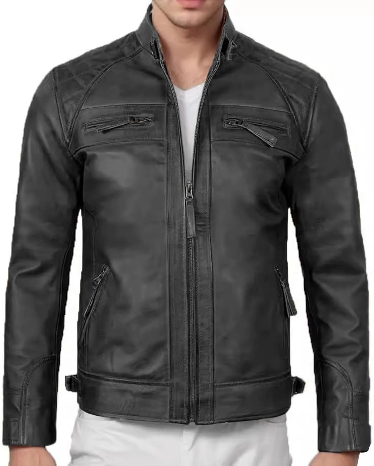 Classic Leather Jacket for Men PU Leather Motorcycle Jackets Fashion Zip Up Bomber Coat Windbreaker with Pockets
