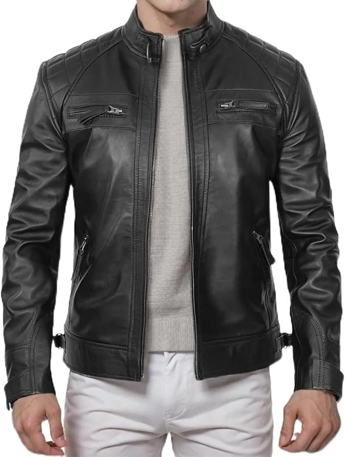Classic Leather Jacket for Men PU Leather Motorcycle Jackets Fashion Zip Up Bomber Coat Windbreaker with Pockets