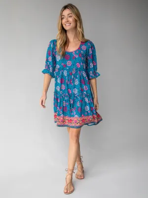 Collette Mini Dress - Blue Camel Pink Border