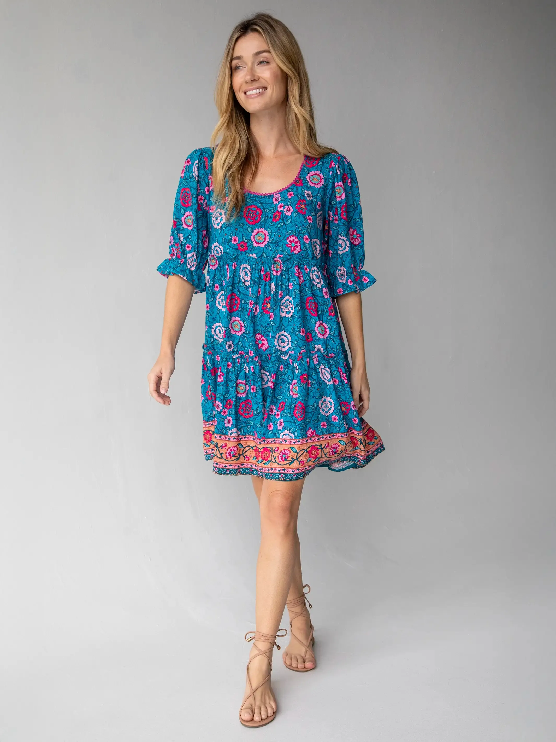 Collette Mini Dress - Blue Camel Pink Border