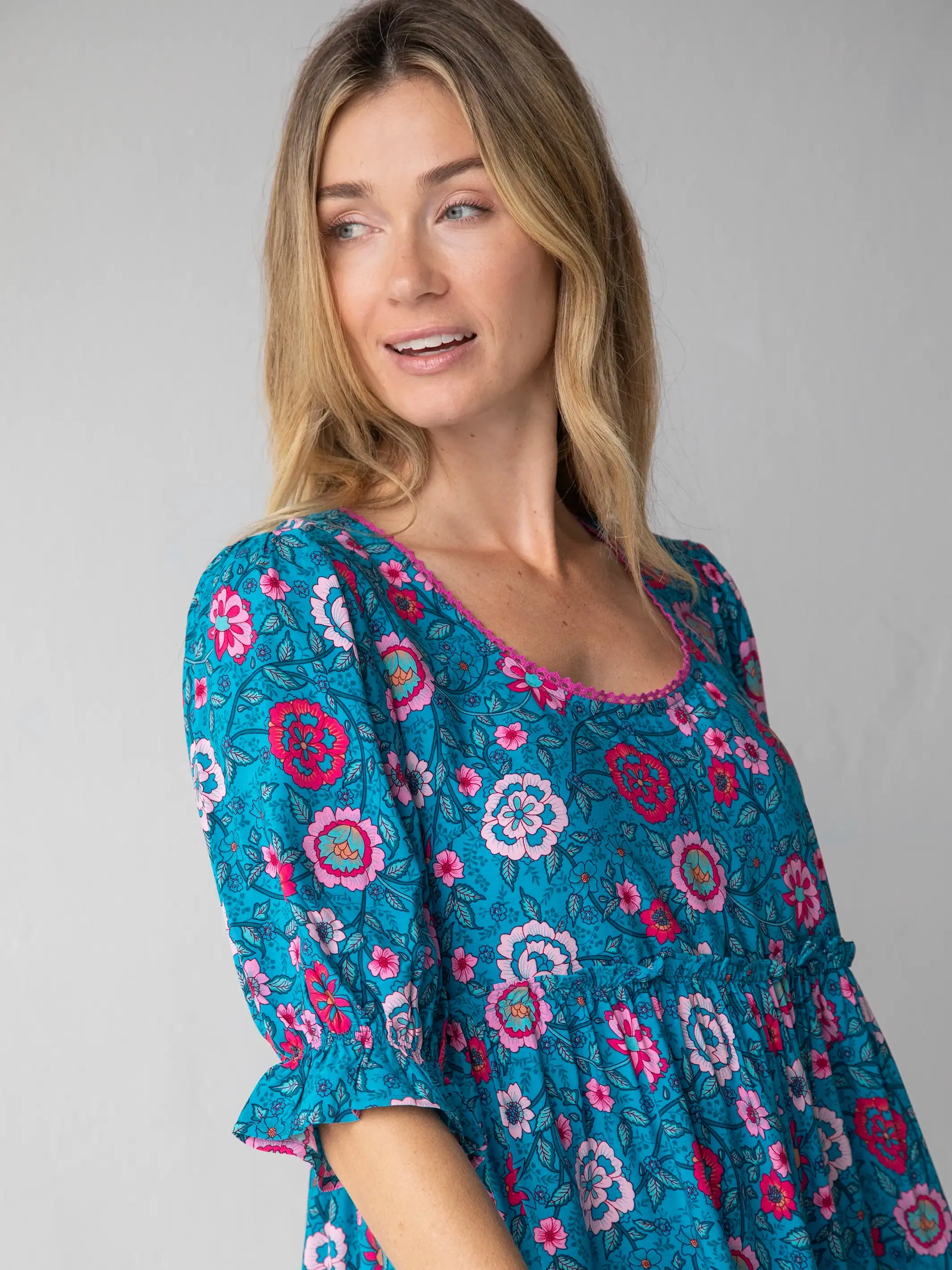 Collette Mini Dress - Blue Camel Pink Border