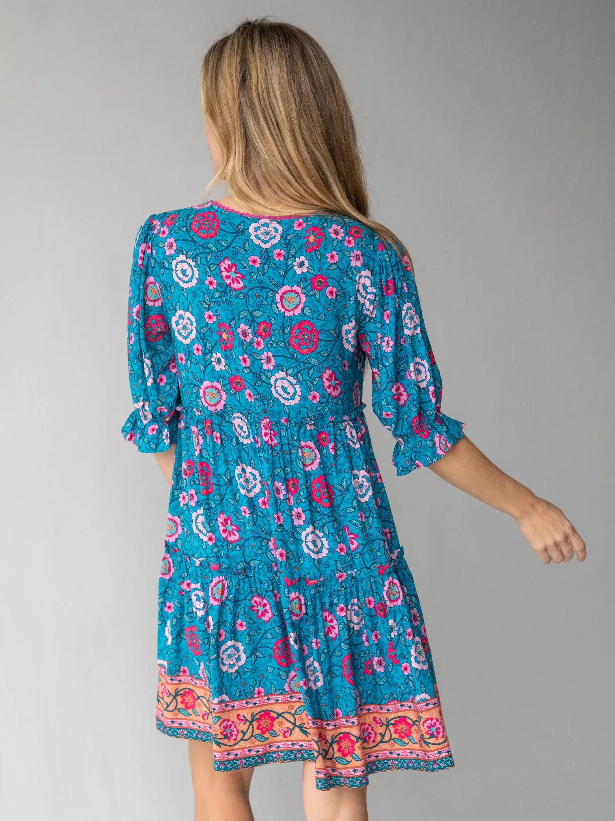 Collette Mini Dress - Blue Camel Pink Border