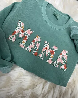 Comfort Colors Mama Embroidered Fall Floral Applique Sweatshirt | Simple Mama Pullover, Gift for Mom, Personalized Light Green Fall Floral