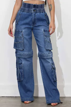 Convertible Baggy Cargo Jeans With Double Waist Band