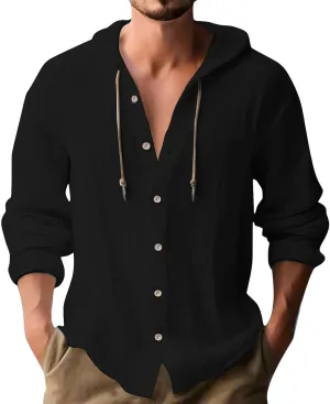 Cotton Linen Shirts for Men Long Sleeve Hooded Shirt Button Down Shirts Casual Breathable Summer Beach Hoodie Tops