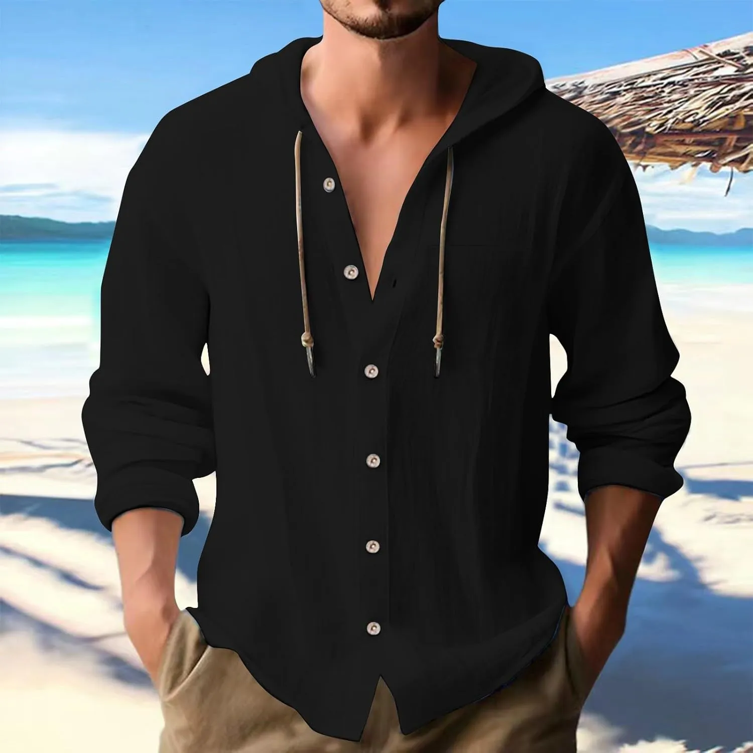 Cotton Linen Shirts for Men Long Sleeve Hooded Shirt Button Down Shirts Casual Breathable Summer Beach Hoodie Tops