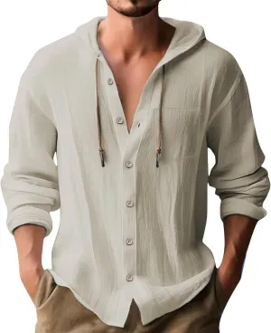 Cotton Linen Shirts for Men Long Sleeve Hooded Shirt Button Down Shirts Casual Breathable Summer Beach Hoodie Tops
