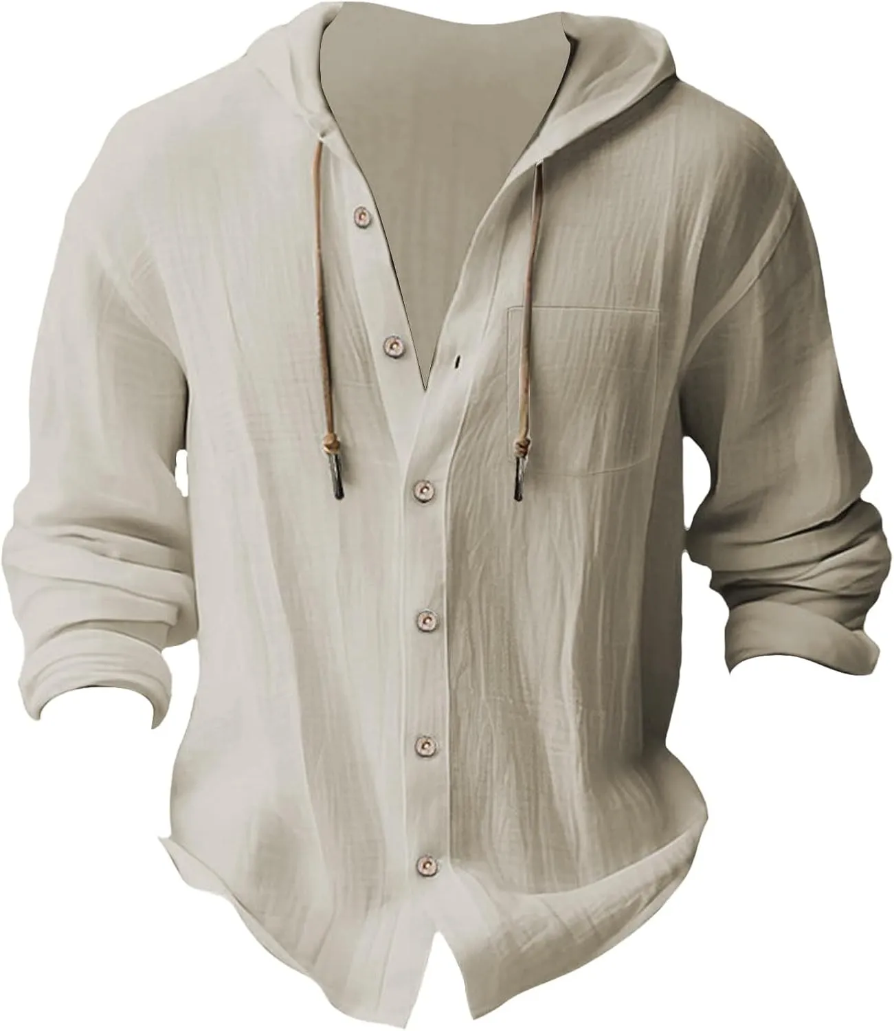 Cotton Linen Shirts for Men Long Sleeve Hooded Shirt Button Down Shirts Casual Breathable Summer Beach Hoodie Tops