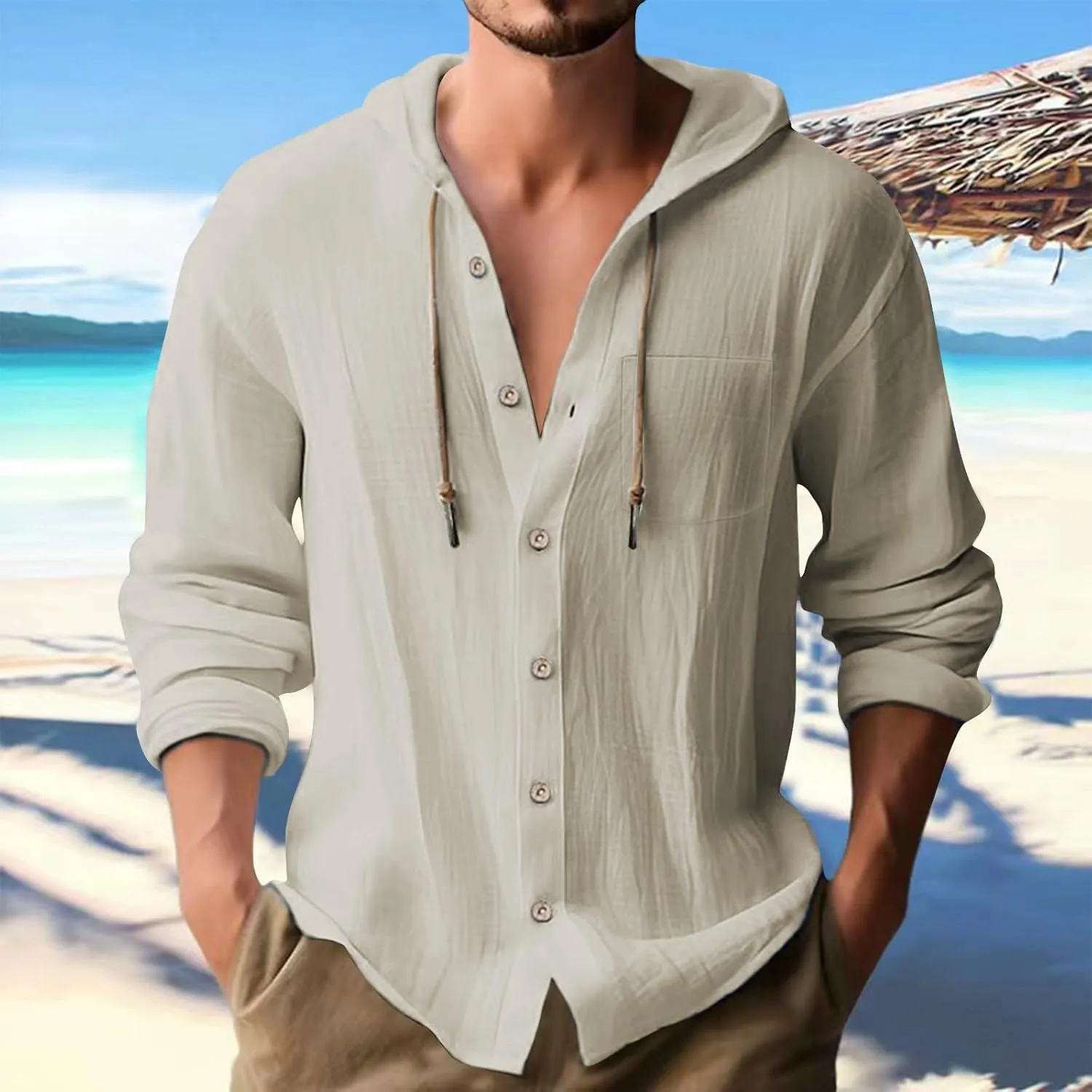Cotton Linen Shirts for Men Long Sleeve Hooded Shirt Button Down Shirts Casual Breathable Summer Beach Hoodie Tops