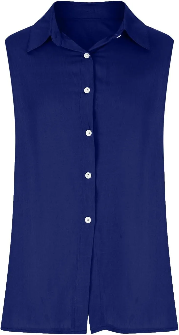 Cotton Linen Shirts for Women Sleeveless Collared Tops Oversized Button Up Blouses Work Shirts Casual Summer Top