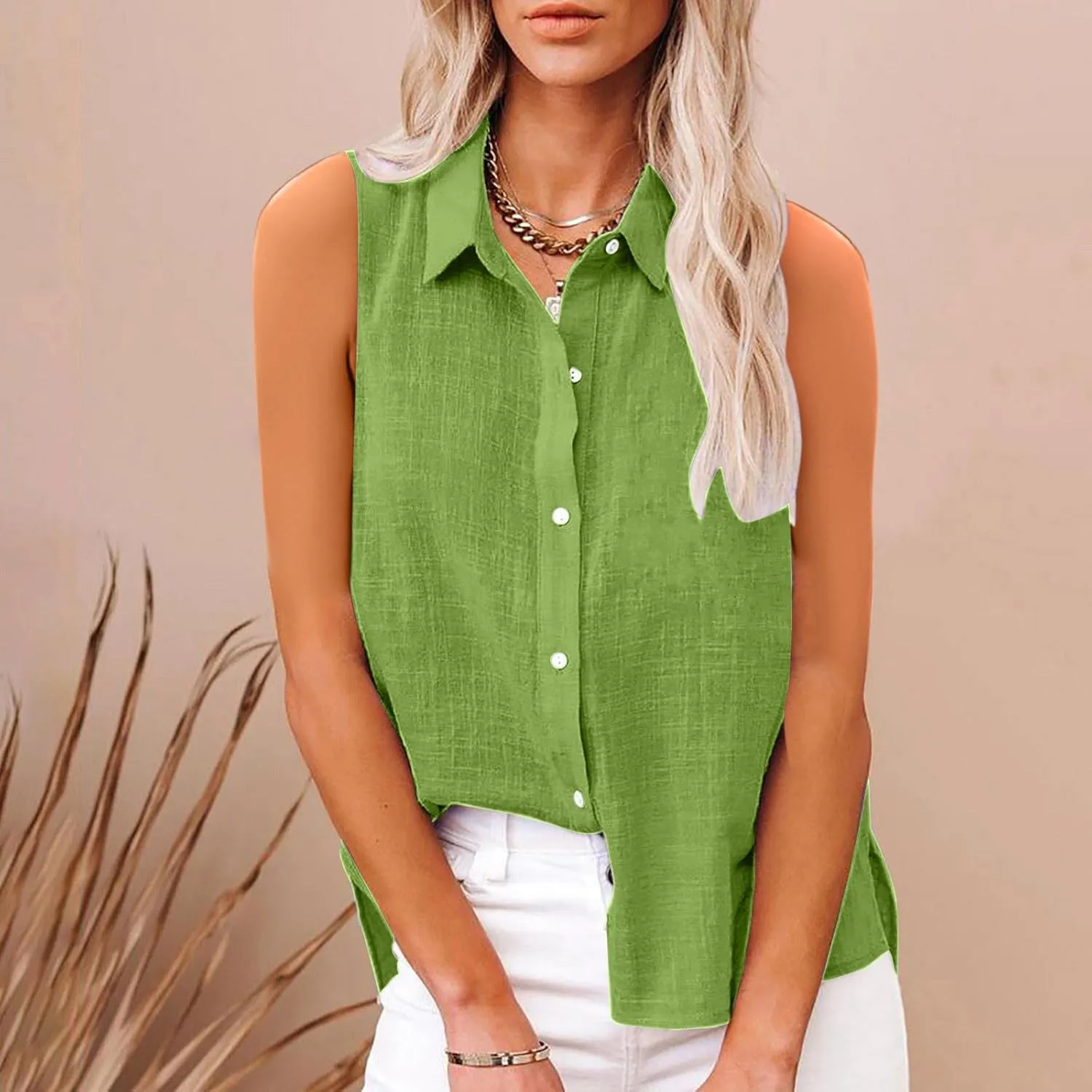 Cotton Linen Shirts for Women Sleeveless Collared Tops Oversized Button Up Blouses Work Shirts Casual Summer Top