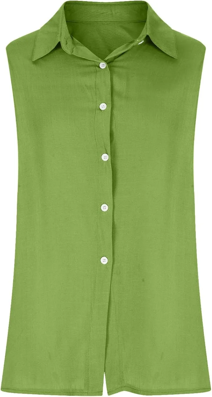Cotton Linen Shirts for Women Sleeveless Collared Tops Oversized Button Up Blouses Work Shirts Casual Summer Top