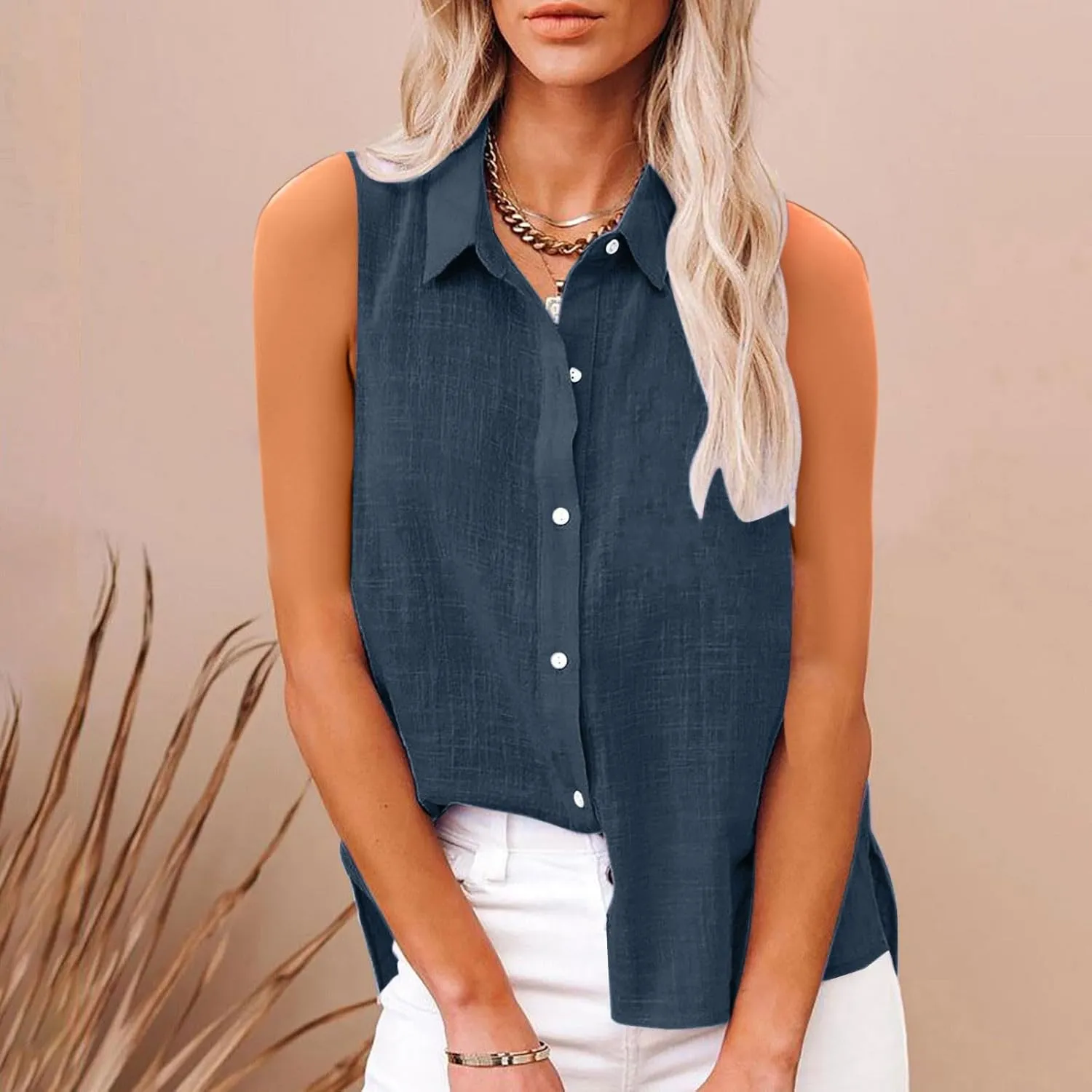 Cotton Linen Shirts for Women Sleeveless Collared Tops Oversized Button Up Blouses Work Shirts Casual Summer Top
