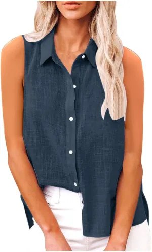 Cotton Linen Shirts for Women Sleeveless Collared Tops Oversized Button Up Blouses Work Shirts Casual Summer Top