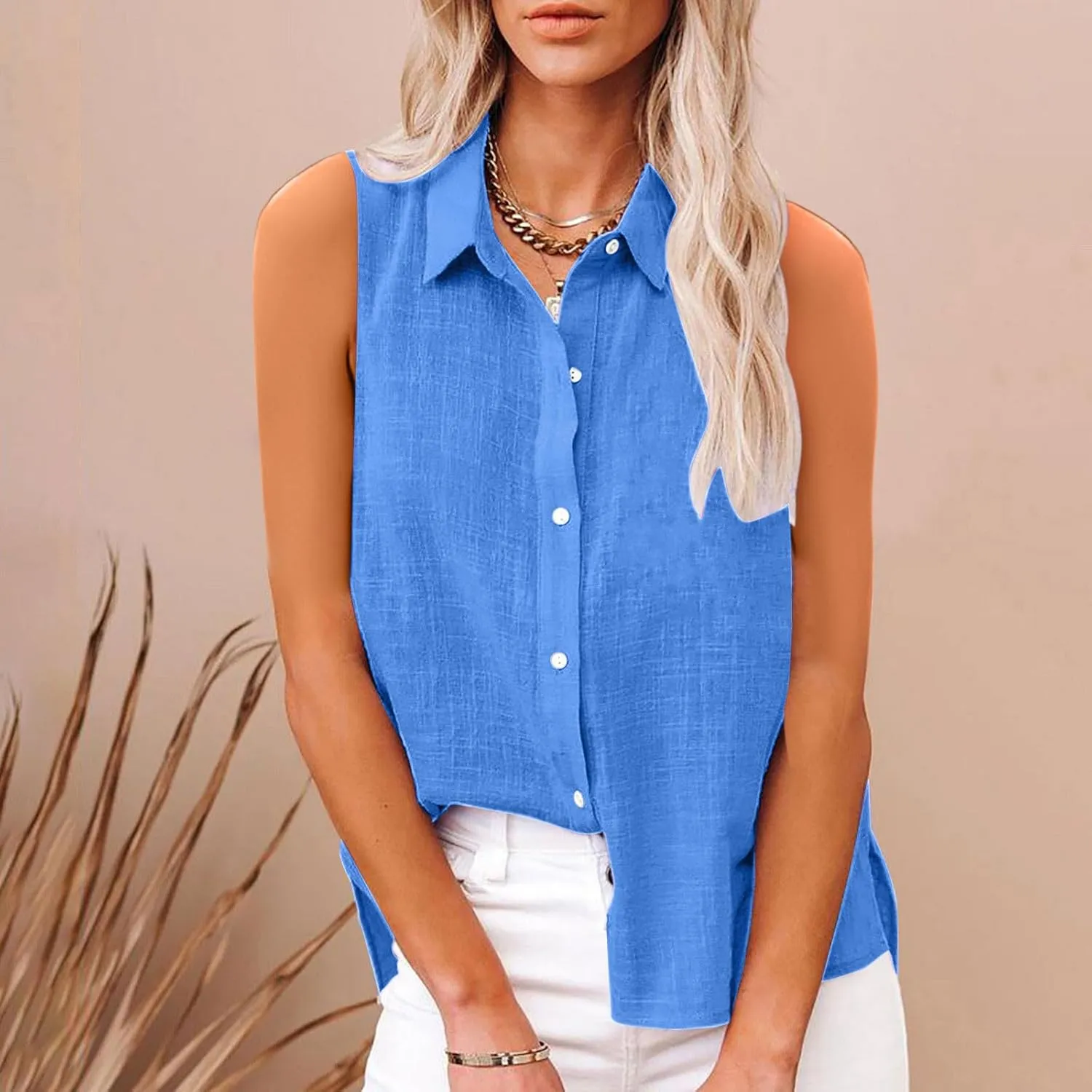 Cotton Linen Shirts for Women Sleeveless Collared Tops Oversized Button Up Blouses Work Shirts Casual Summer Top