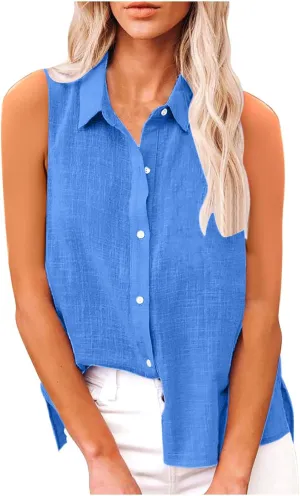 Cotton Linen Shirts for Women Sleeveless Collared Tops Oversized Button Up Blouses Work Shirts Casual Summer Top