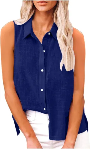 Cotton Linen Shirts for Women Sleeveless Collared Tops Oversized Button Up Blouses Work Shirts Casual Summer Top