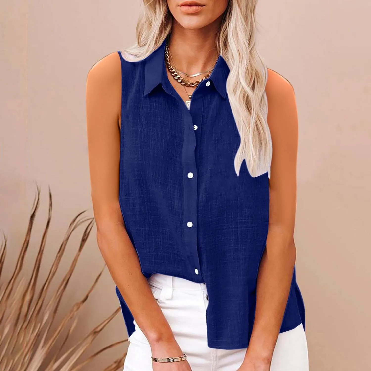 Cotton Linen Shirts for Women Sleeveless Collared Tops Oversized Button Up Blouses Work Shirts Casual Summer Top