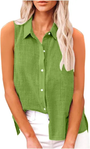 Cotton Linen Shirts for Women Sleeveless Collared Tops Oversized Button Up Blouses Work Shirts Casual Summer Top