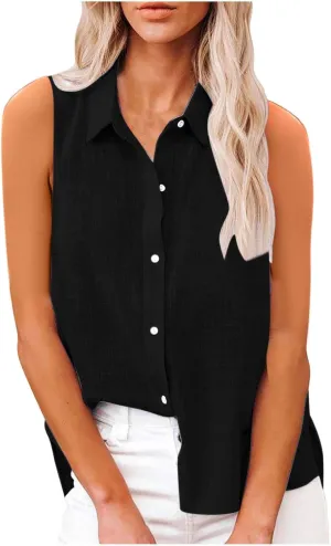 Cotton Linen Shirts for Women Sleeveless Collared Tops Oversized Button Up Blouses Work Shirts Casual Summer Top