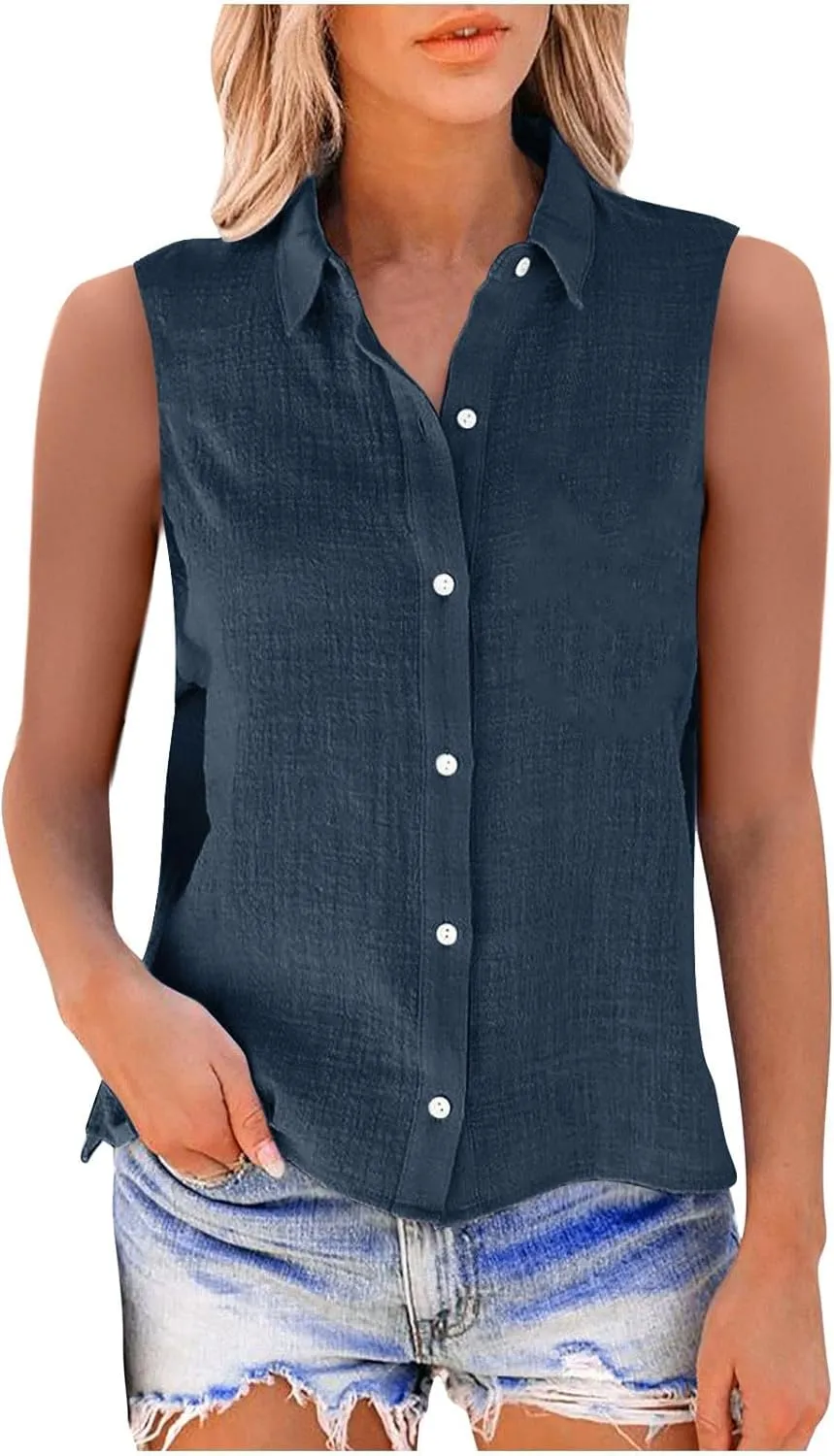 Cotton Linen Shirts for Women Sleeveless Collared Tops Oversized Button Up Blouses Work Shirts Casual Summer Top