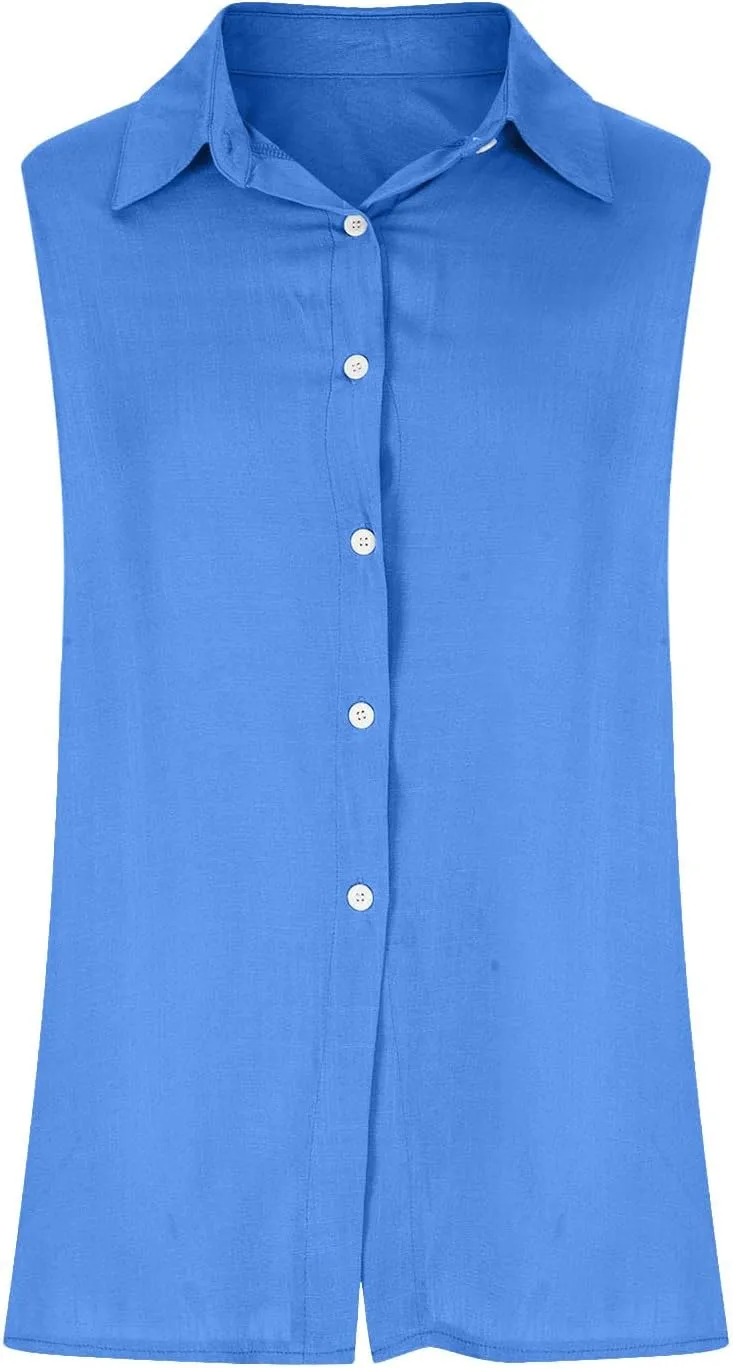 Cotton Linen Shirts for Women Sleeveless Collared Tops Oversized Button Up Blouses Work Shirts Casual Summer Top