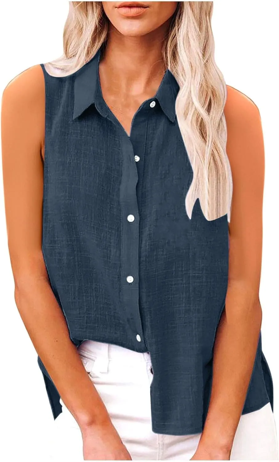 Cotton Linen Shirts for Women Sleeveless Collared Tops Oversized Button Up Blouses Work Shirts Casual Summer Top