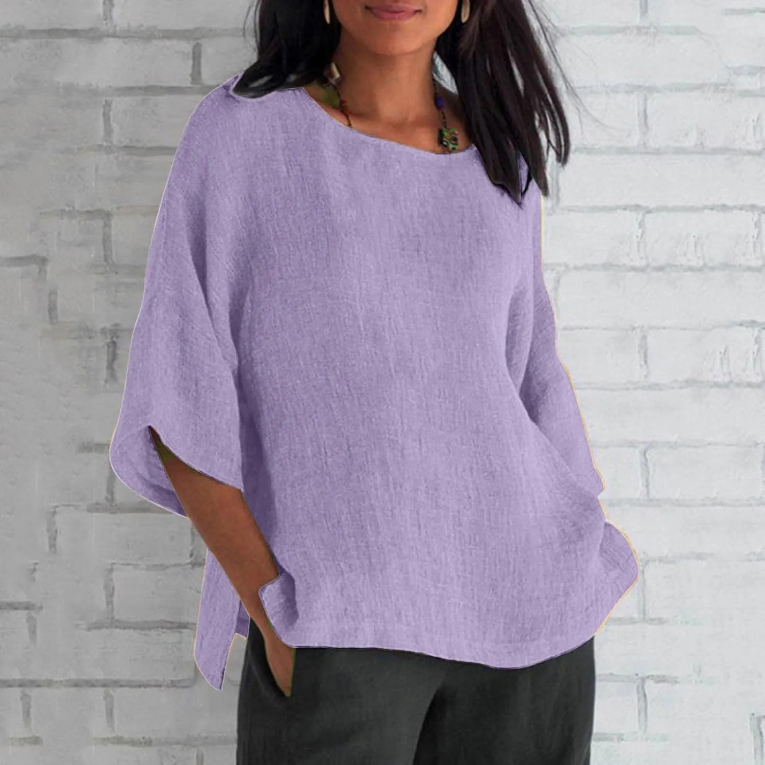Cotton Linen Shirts Women Casual Loose Gauze T Shirts Crewneck Blouses Summer Trendy Plus Size Lightweight Tunic Tops