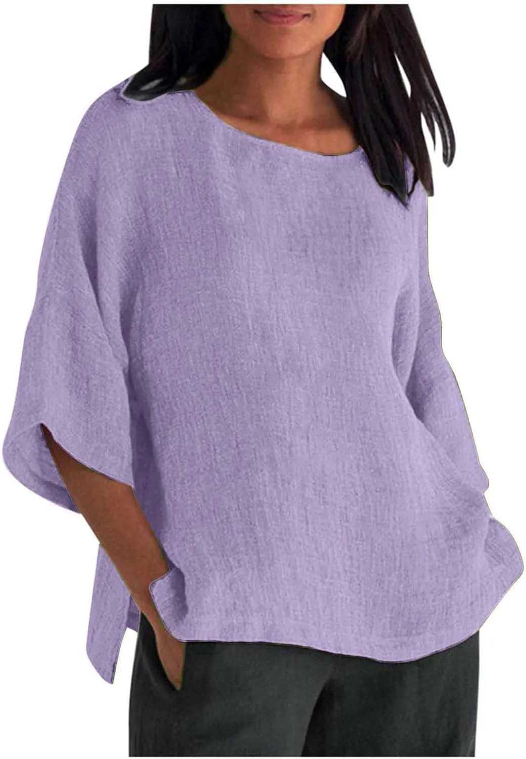 Cotton Linen Shirts Women Casual Loose Gauze T Shirts Crewneck Blouses Summer Trendy Plus Size Lightweight Tunic Tops