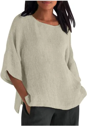 Cotton Linen Shirts Women Casual Loose Gauze T Shirts Crewneck Blouses Summer Trendy Plus Size Lightweight Tunic Tops