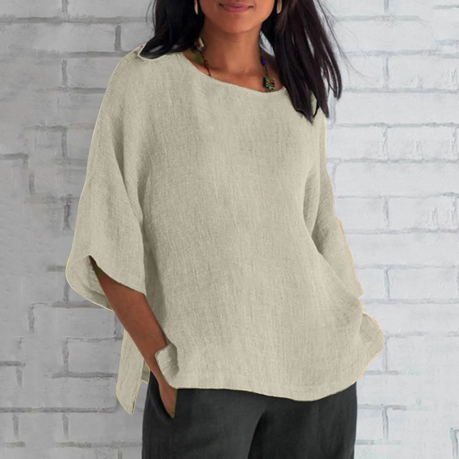 Cotton Linen Shirts Women Casual Loose Gauze T Shirts Crewneck Blouses Summer Trendy Plus Size Lightweight Tunic Tops