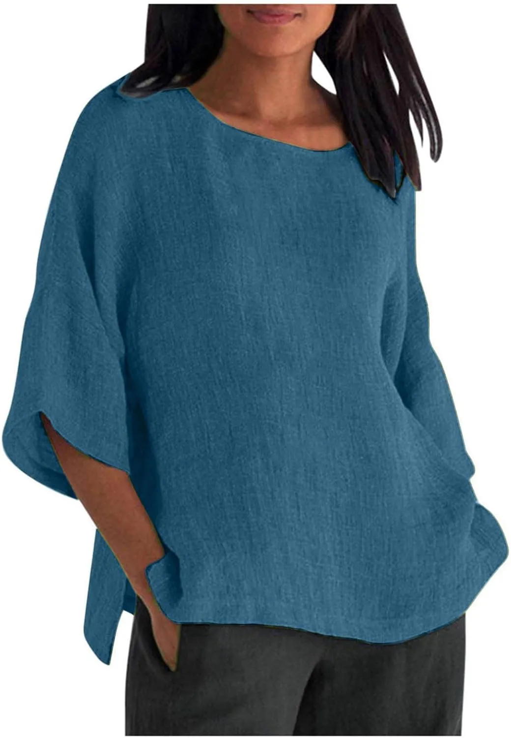 Cotton Linen Shirts Women Casual Loose Gauze T Shirts Crewneck Blouses Summer Trendy Plus Size Lightweight Tunic Tops
