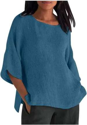 Cotton Linen Shirts Women Casual Loose Gauze T Shirts Crewneck Blouses Summer Trendy Plus Size Lightweight Tunic Tops