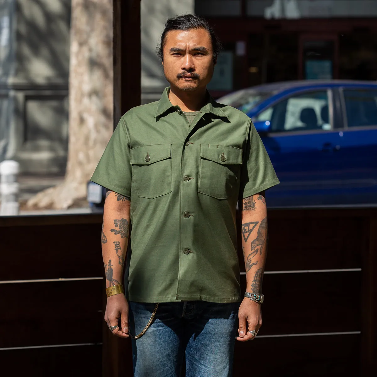 Cotton Sateen Shirt S/S - Olive Green