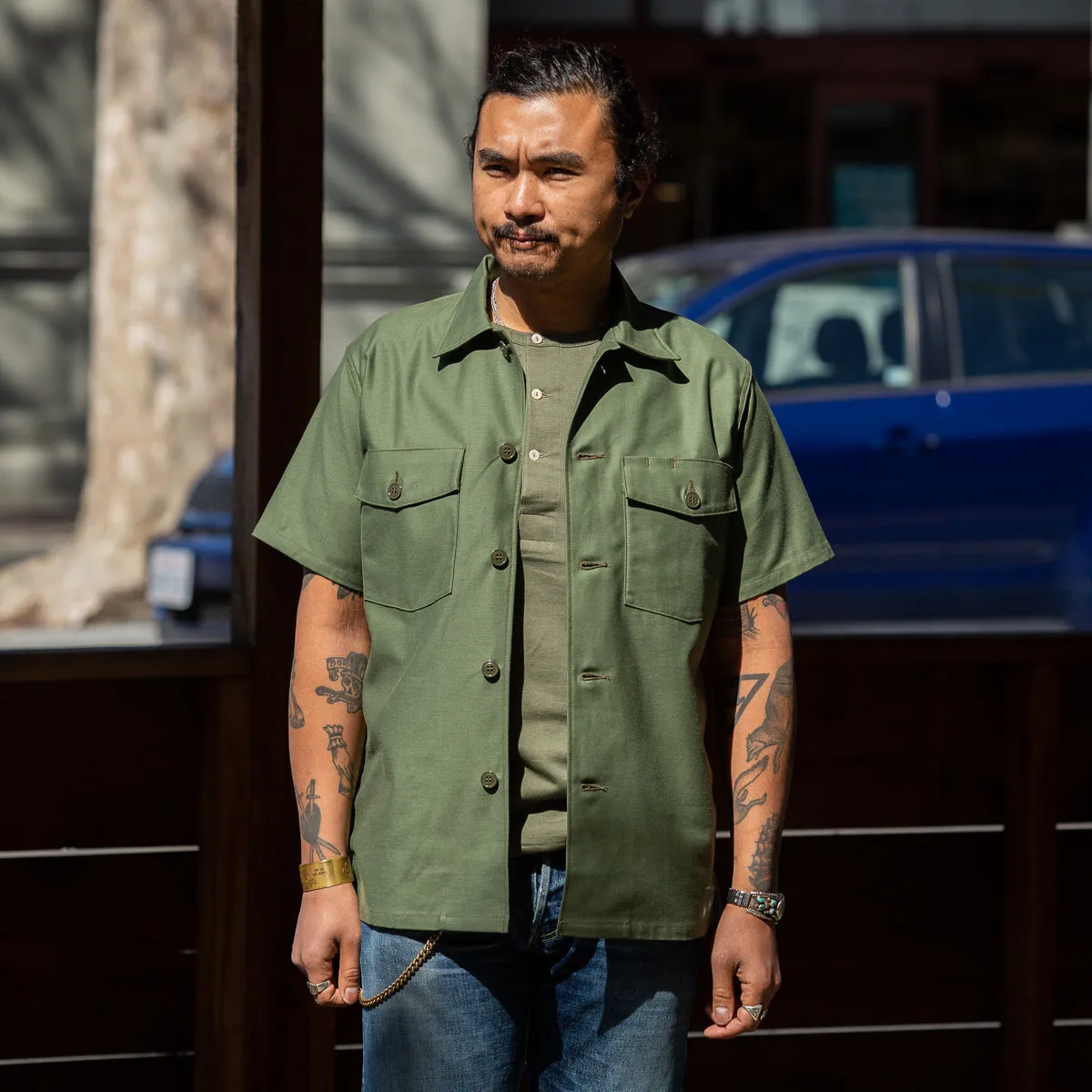Cotton Sateen Shirt S/S - Olive Green