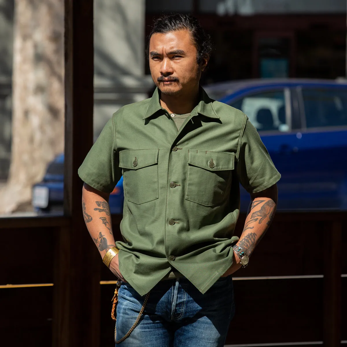 Cotton Sateen Shirt S/S - Olive Green