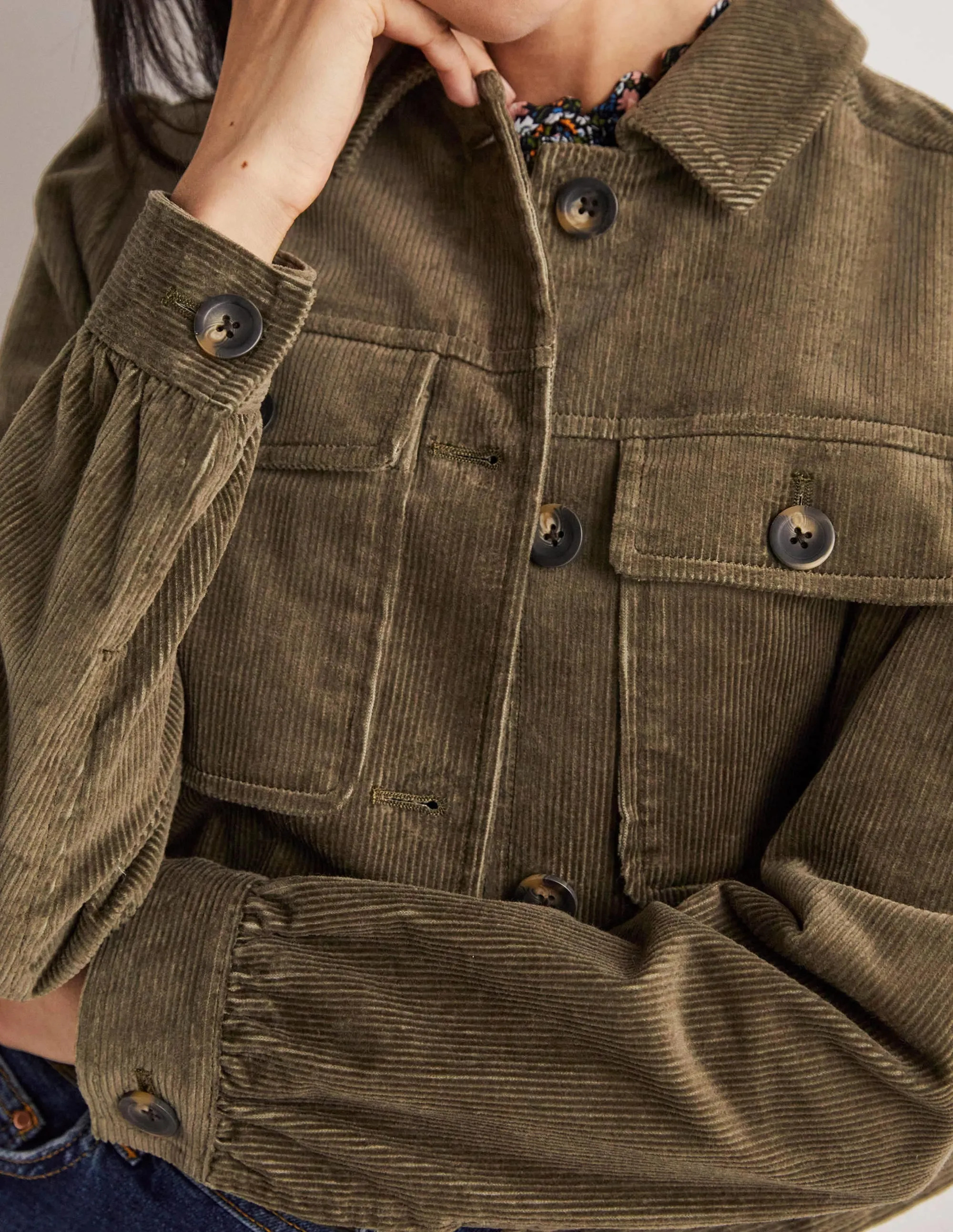Cropped Cord Jacket-Khaki