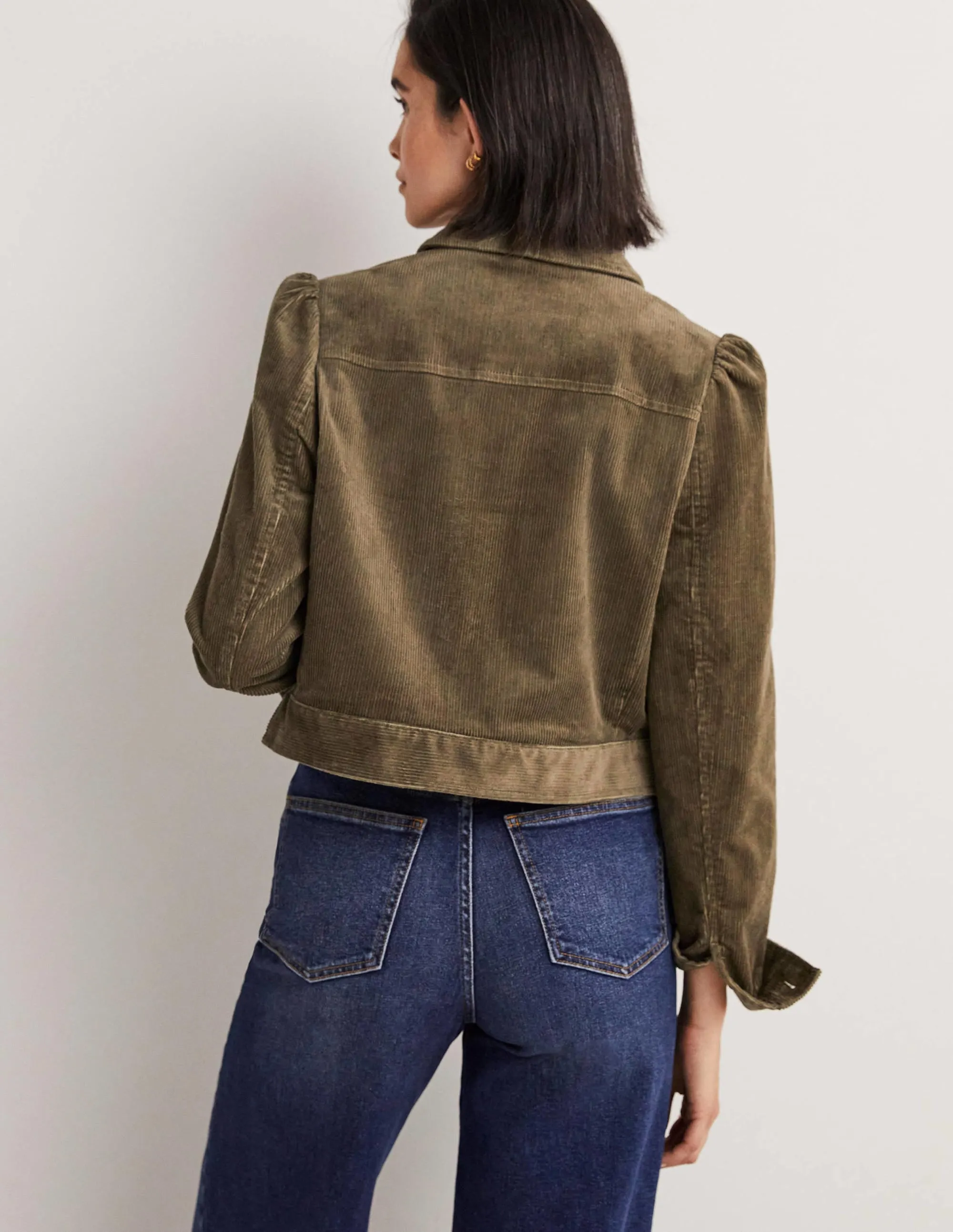 Cropped Cord Jacket-Khaki