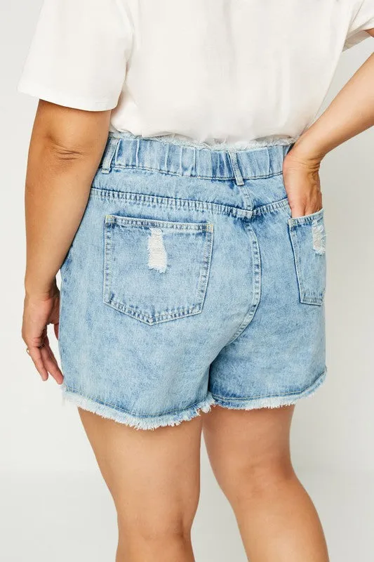 Curvy Distressed Acid Wash Denim Shorts - Denim