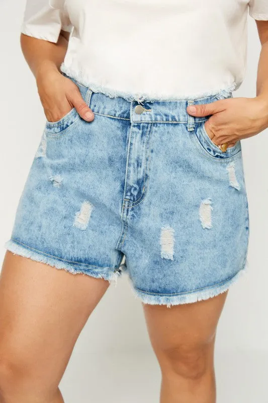 Curvy Distressed Acid Wash Denim Shorts - Denim