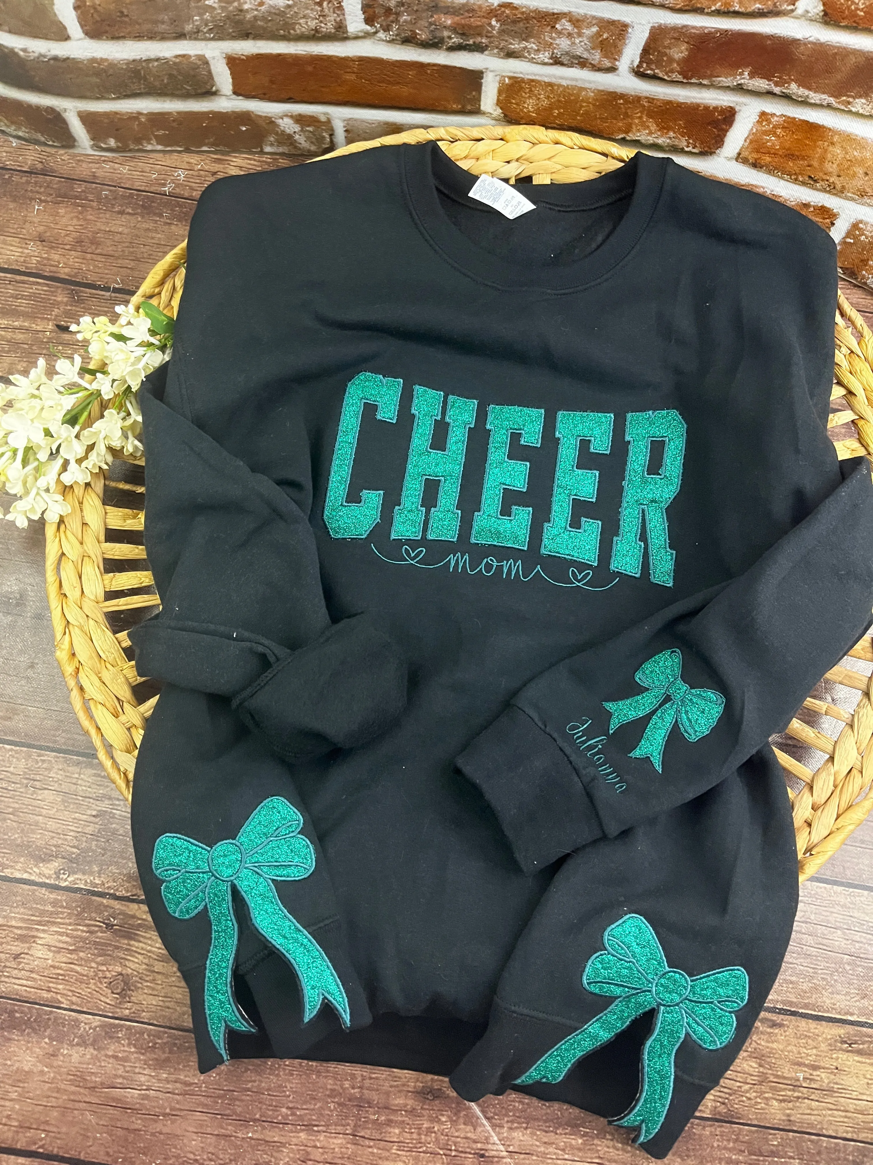 Custom Cheer Mom Sweatshirt with side bows | Personalized Keepsake- Celebrate Team Spirit with Glitter Embroidered Cheer