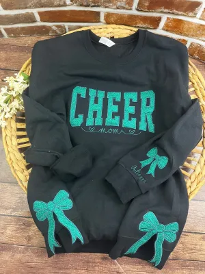 Custom Cheer Mom Sweatshirt with side bows | Personalized Keepsake- Celebrate Team Spirit with Glitter Embroidered Cheer