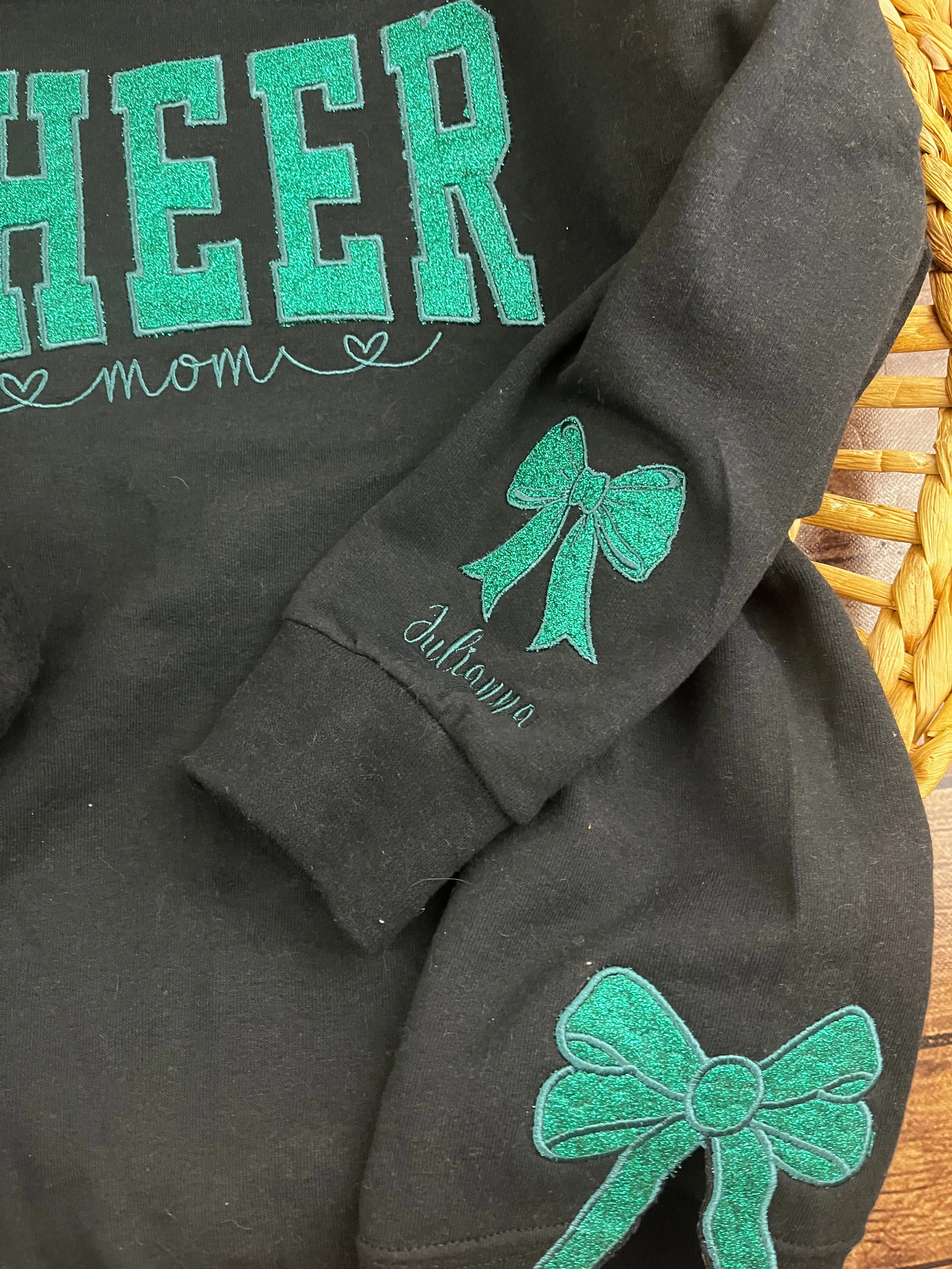 Custom Cheer Mom Sweatshirt with side bows | Personalized Keepsake- Celebrate Team Spirit with Glitter Embroidered Cheer