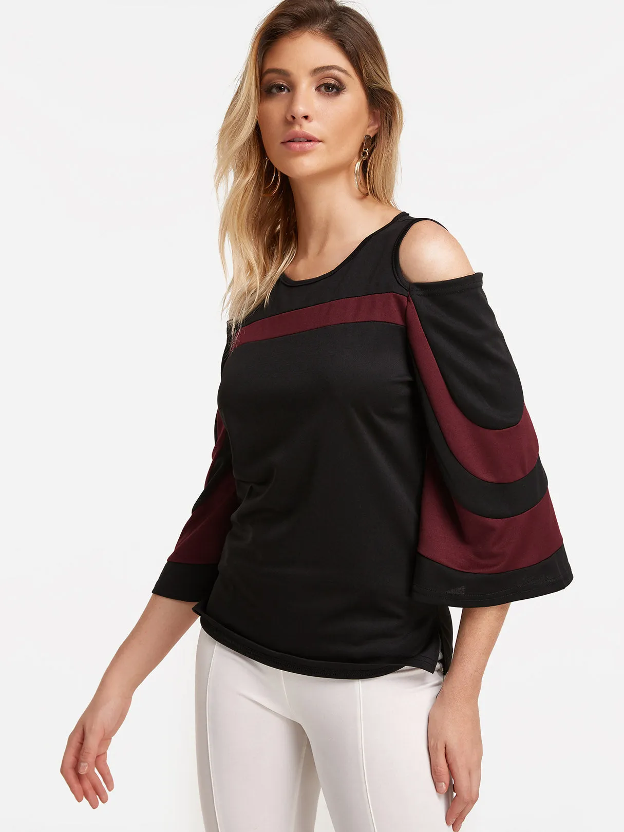Custom Cold Shoulder Stripe 3/4 Sleeve Black Top