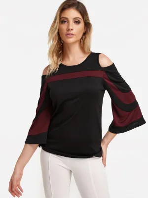Custom Cold Shoulder Stripe 3/4 Sleeve Black Top