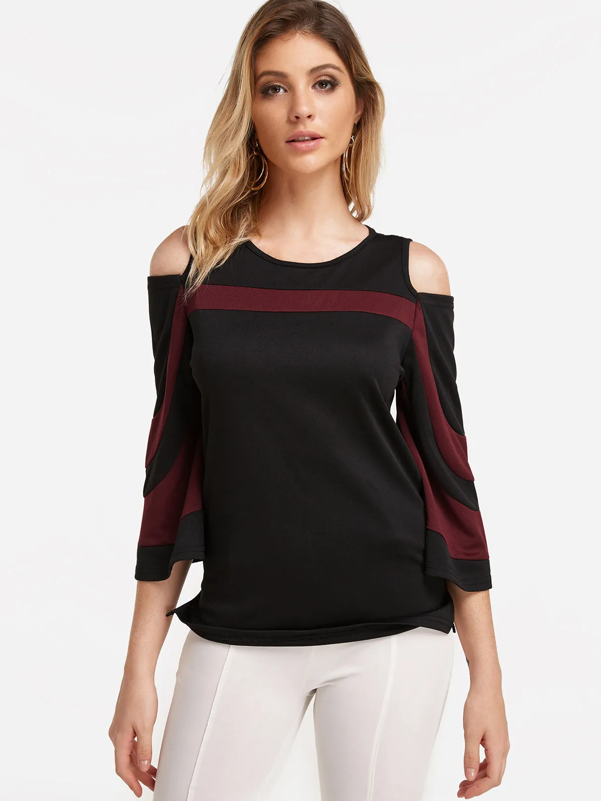 Custom Cold Shoulder Stripe 3/4 Sleeve Black Top