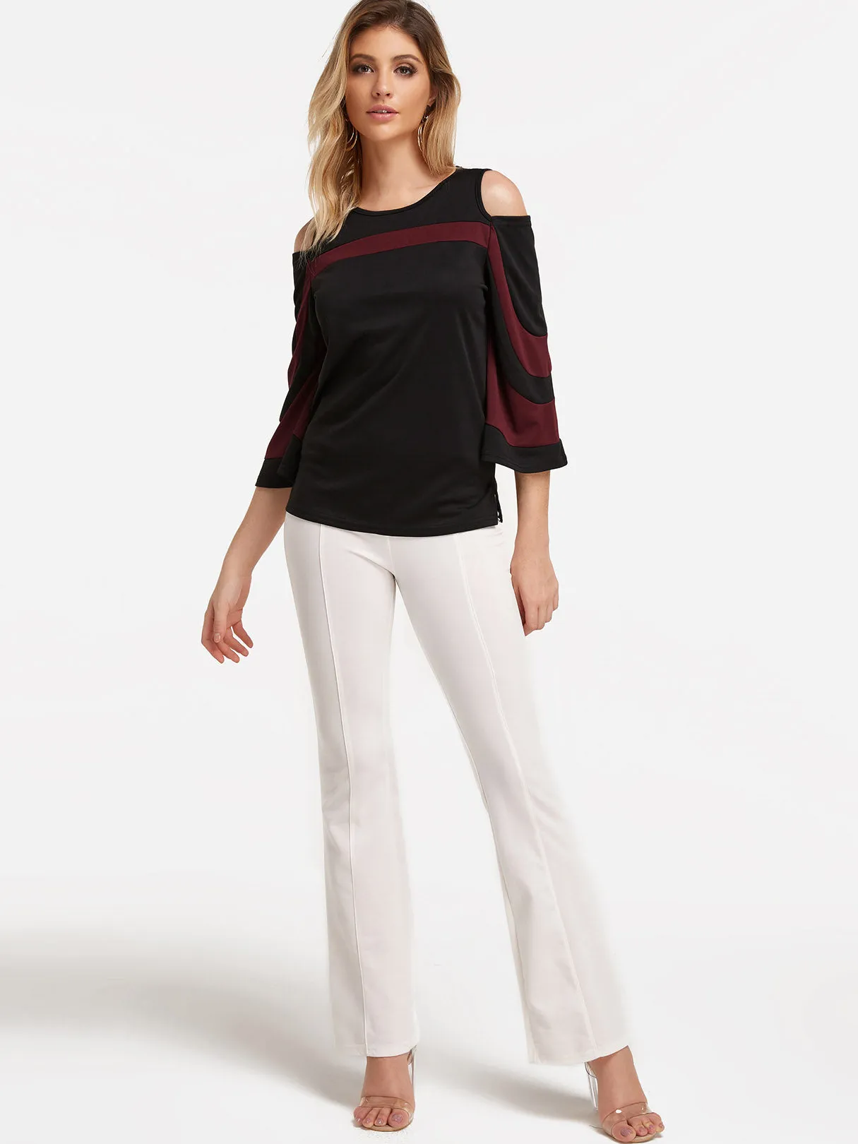 Custom Cold Shoulder Stripe 3/4 Sleeve Black Top