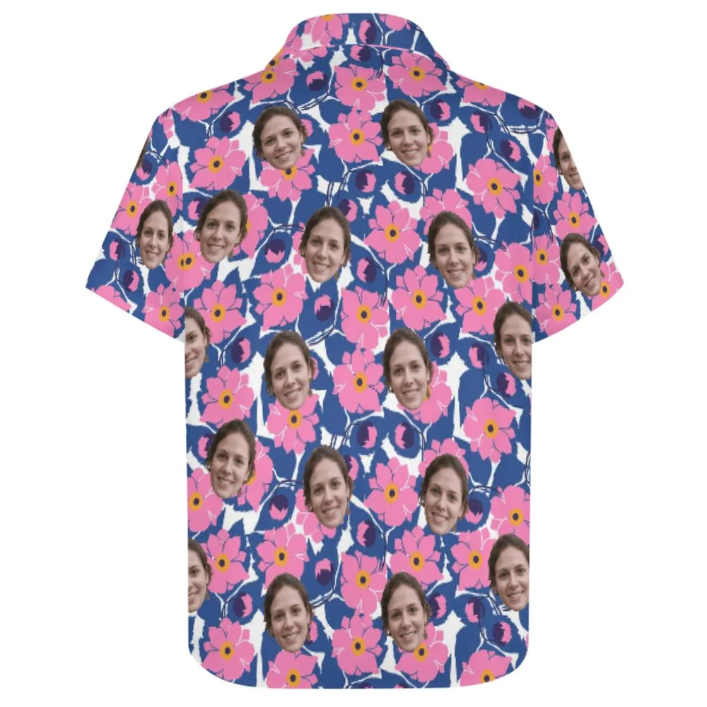 Custom Face Beautiful Pink Flowers Pocket Hawaiian Shirt Men Front Pocket Beach Shortsleeve Pocket Hawaiian Shirt Boyfriend Gift For Him