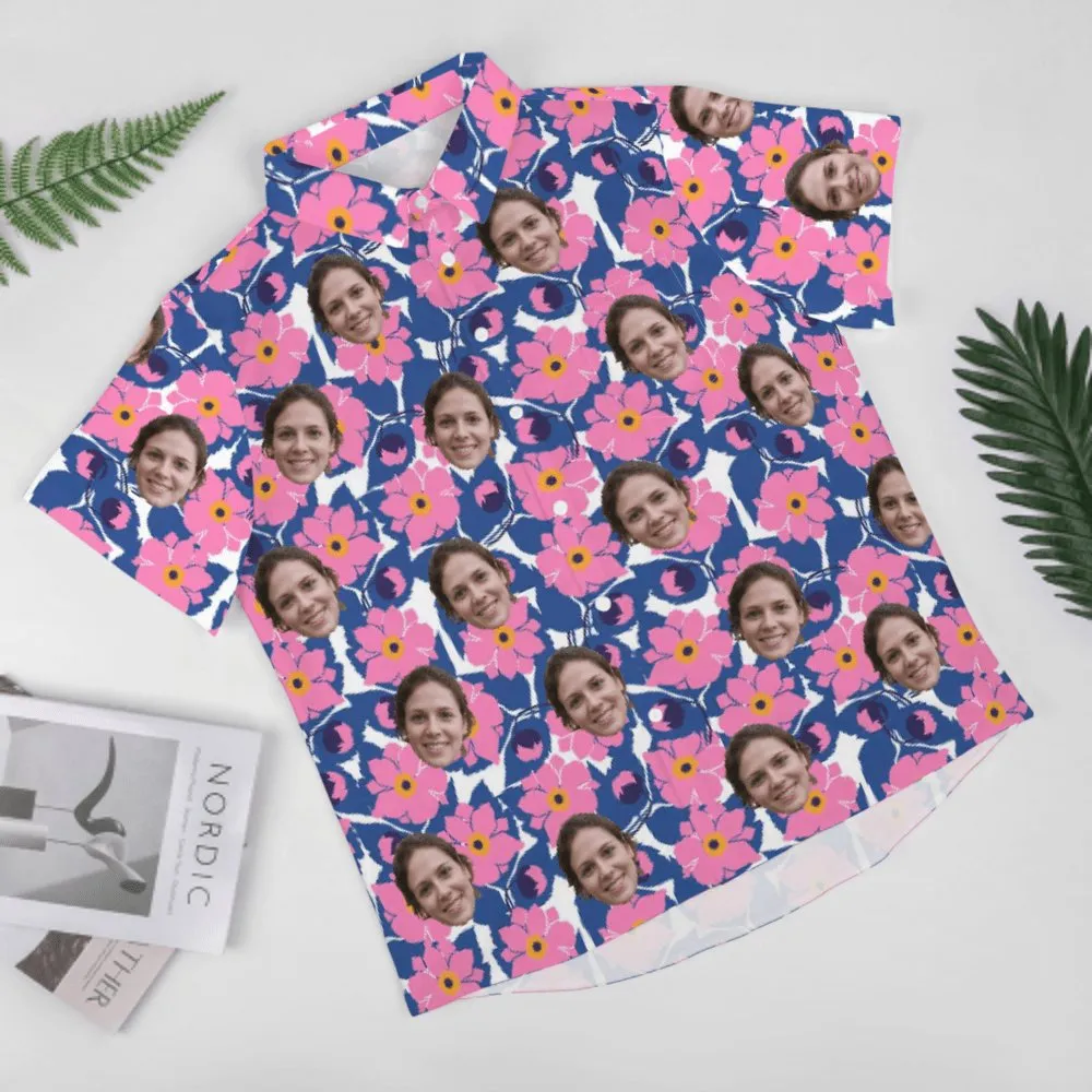 Custom Face Beautiful Pink Flowers Pocket Hawaiian Shirt Men Front Pocket Beach Shortsleeve Pocket Hawaiian Shirt Boyfriend Gift For Him